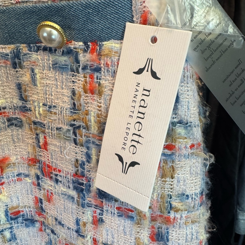 Nanette Lepore Multicolor Tweed Skirt with Blue Accents Faux Pearl Button Front - Picture 5 of 7